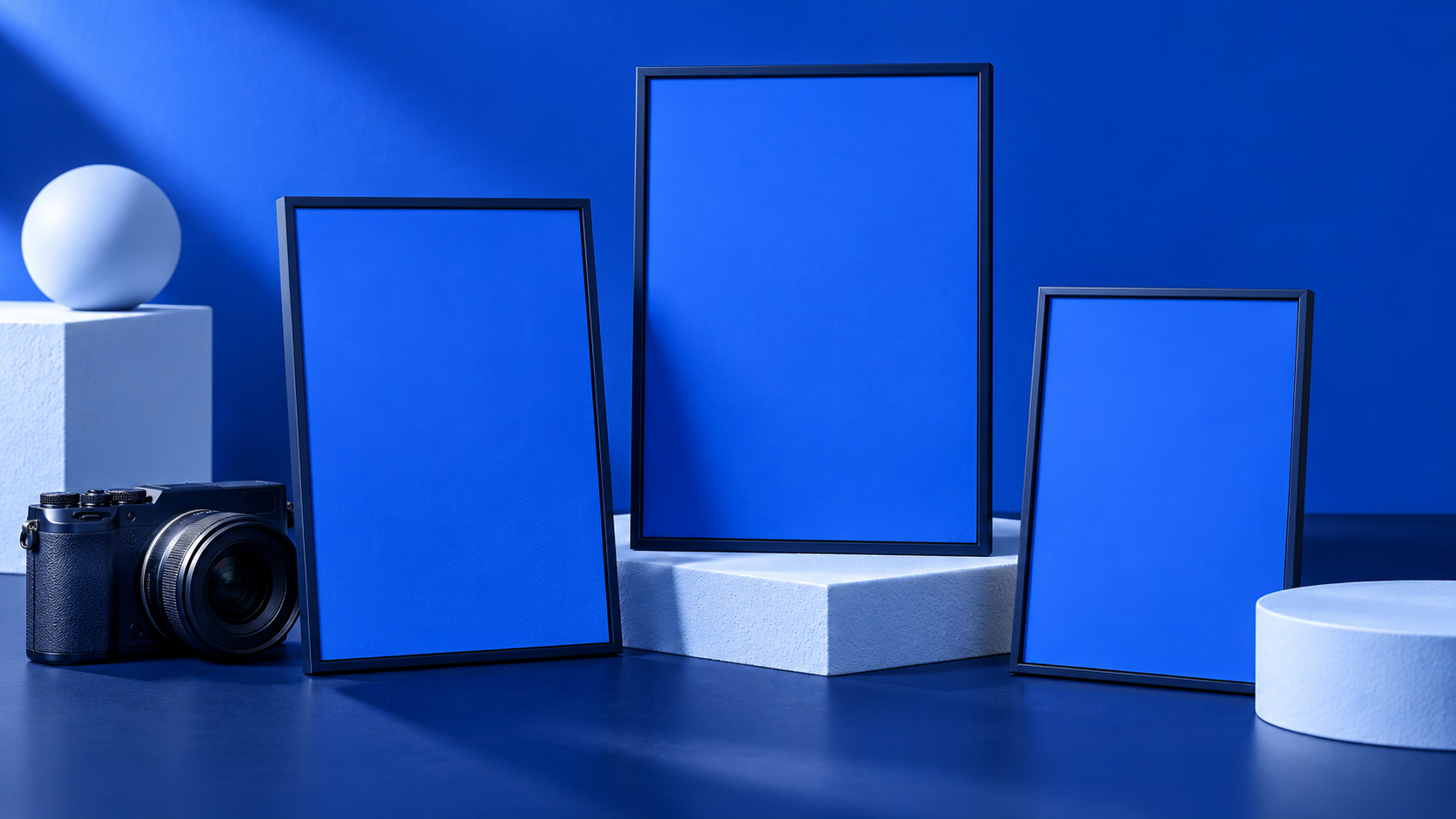 Illustrative content studio with blank blue cards and a camera